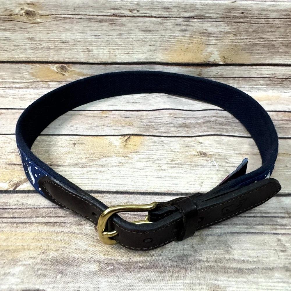 Vineyard Vines Boys Navy Blue & Brown Leather Preppy Swordfish Belt 28
